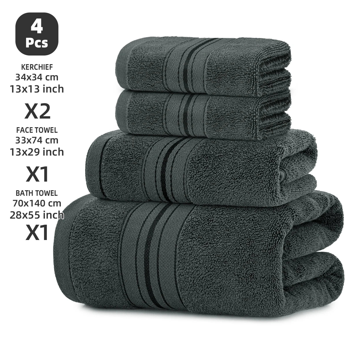 S And B Enterprise 4-Piece pure cotton bath towel set in charcoal gray: 1 bath towel, 1 face towel, 2 washcloths