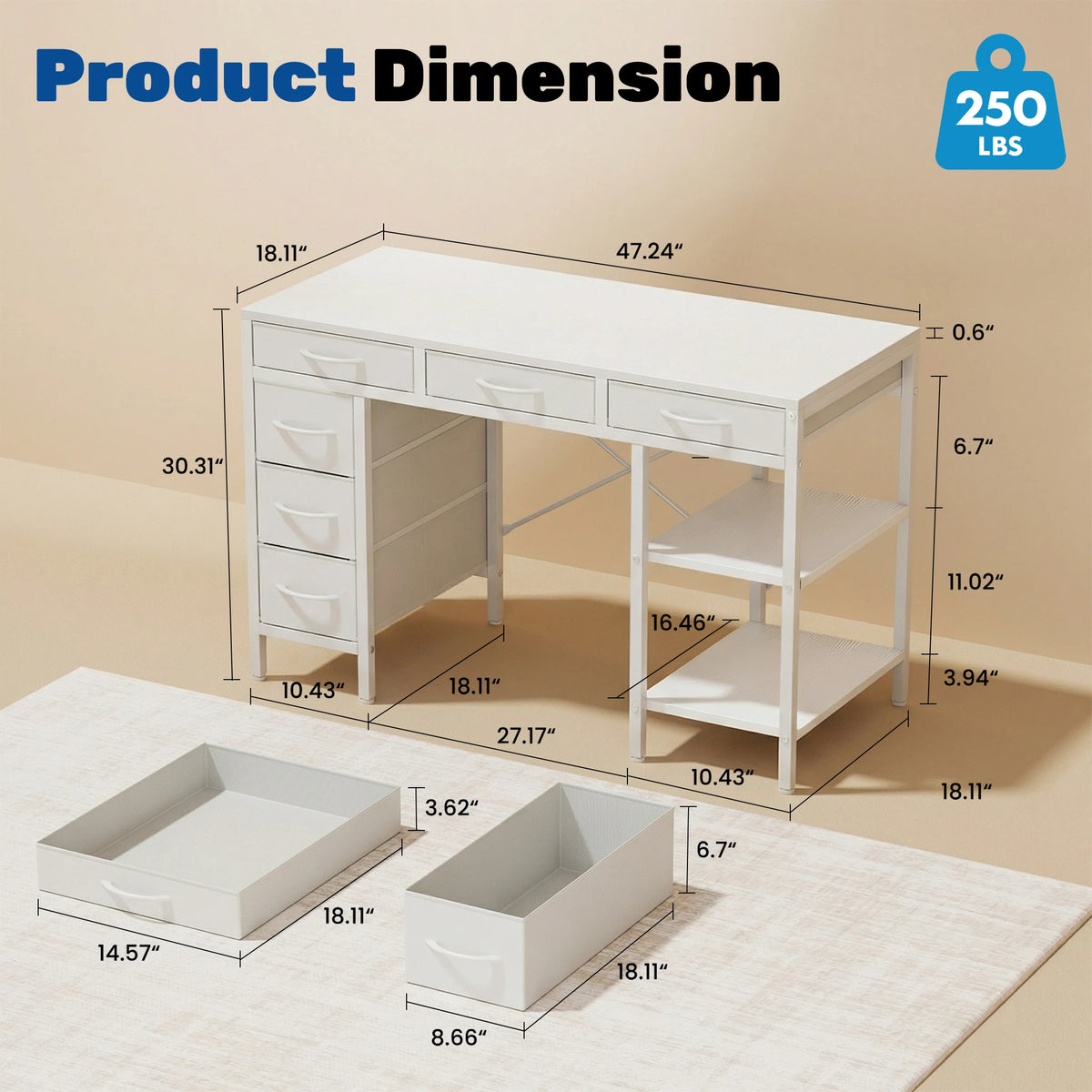 MCQ 47 Inch white office desk with 6 fabric drawers and storage shelves by S And B Enterprise