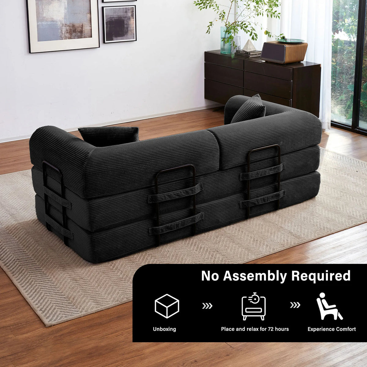 79'' boneless couch foldable futon sleeper sofa bed in black textured fabric with modular sections in a living room.