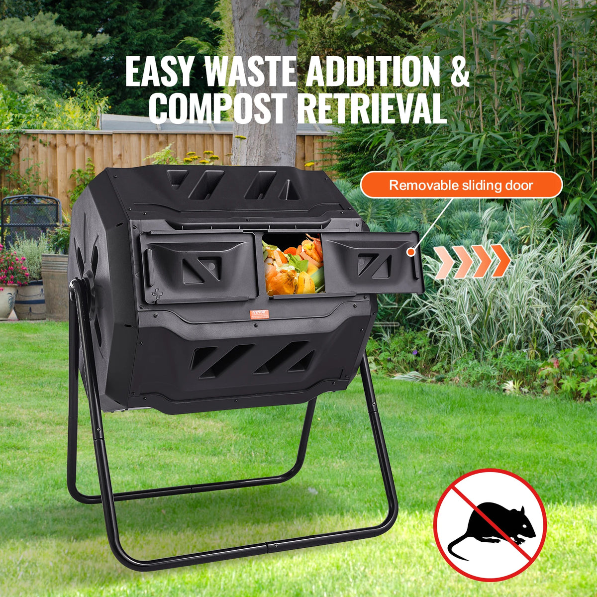 SucceBuy dual-chamber compost tumbler in black on a metal stand; BPA-free with removable sliding door for garden use