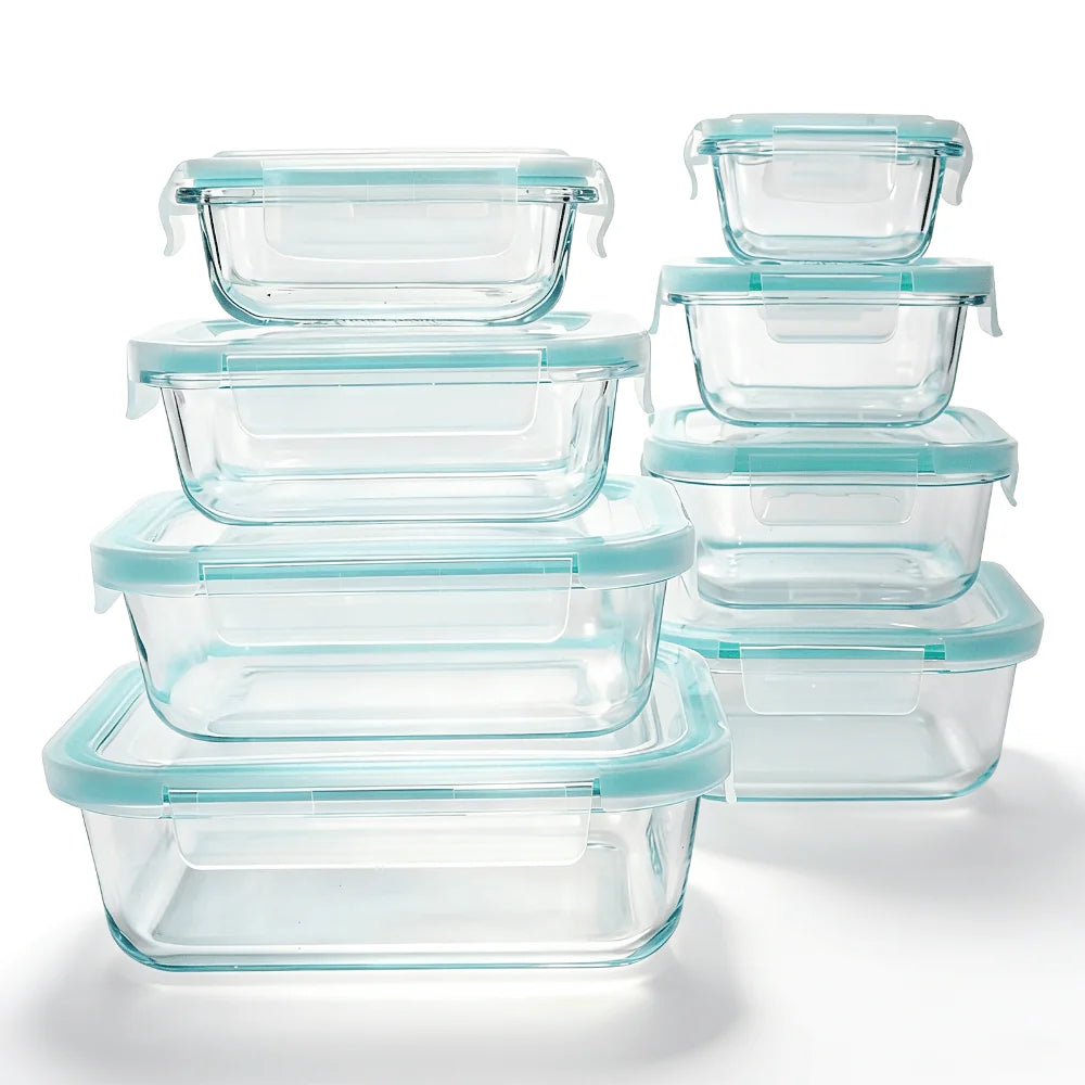 Glass food storage containers, 24-piece clear glass set with light blue airtight snap lids, by S And B Enterprise.