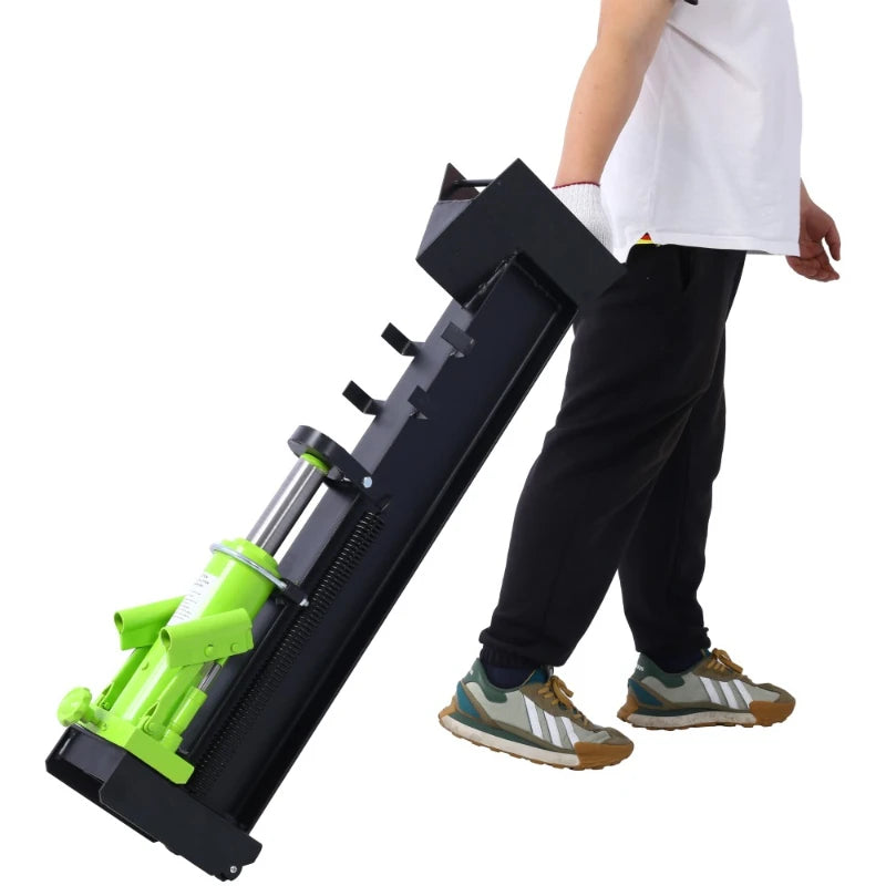 Horizontal log splitter by S And B Enterprise; neon-green hydraulic unit on black frame carried by a person.