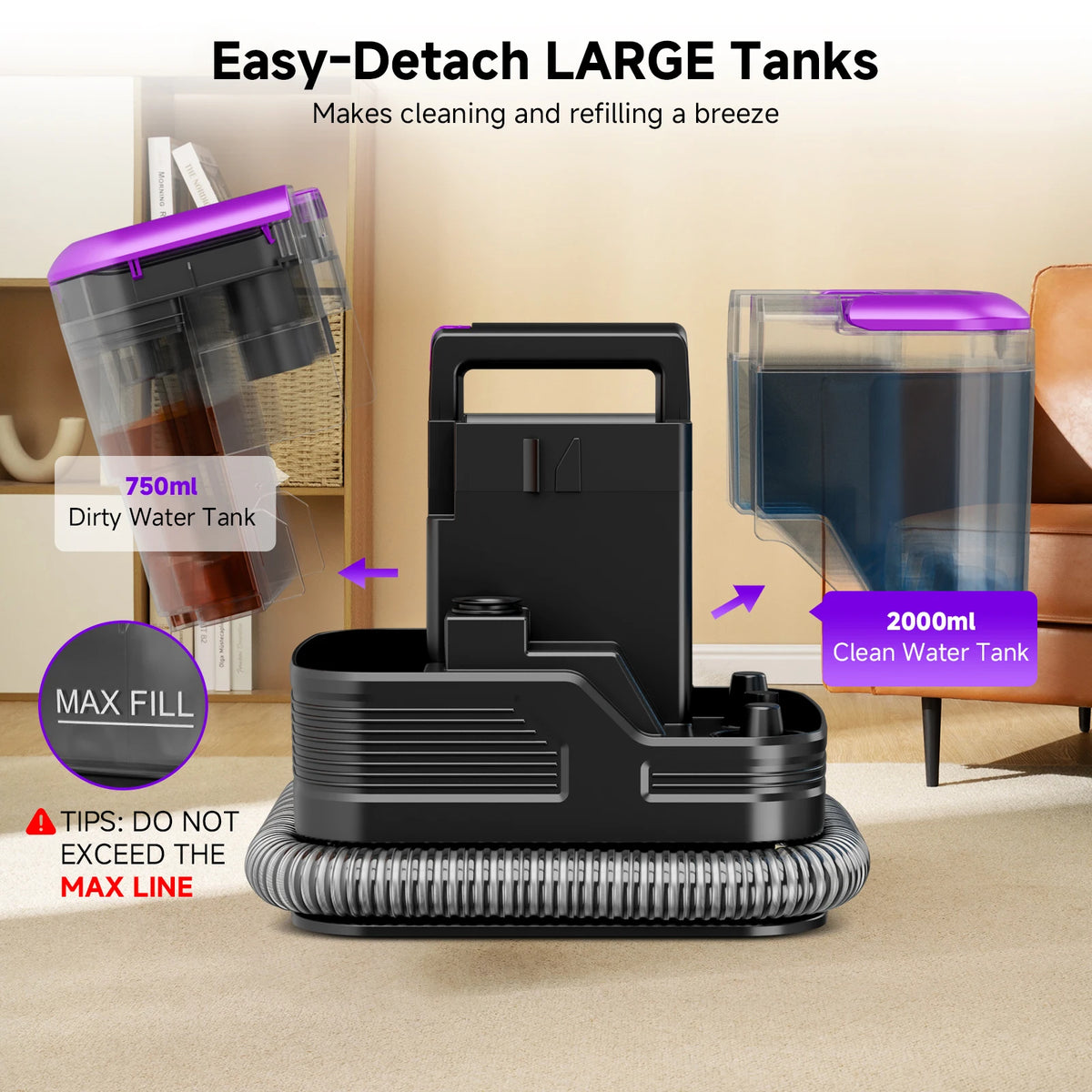 Honki 530W carpet cleaner with purple accents and dual tanks: 2000ml clean water, 750ml dirty water