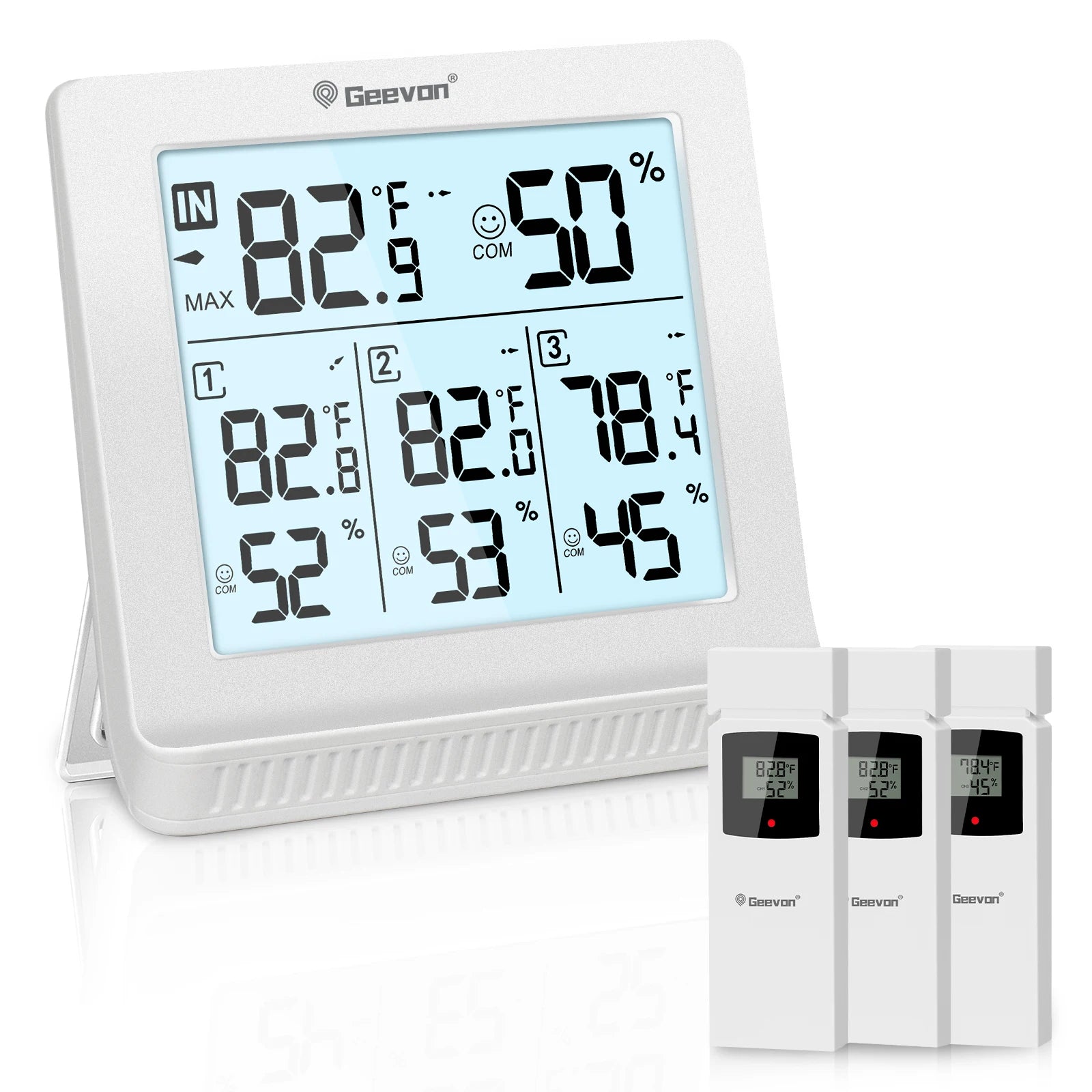 Geevon wireless indoor/outdoor thermometer with 3 remote sensors and digital hygrometer display