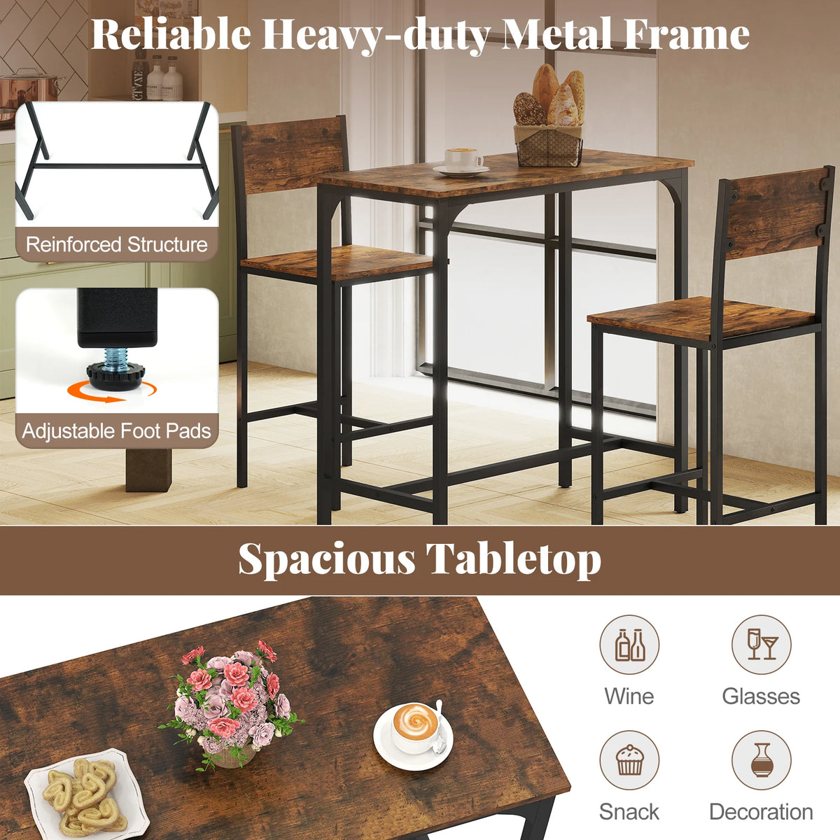 3-piece bar table and two stools set with wood tabletop and black metal frame for small spaces