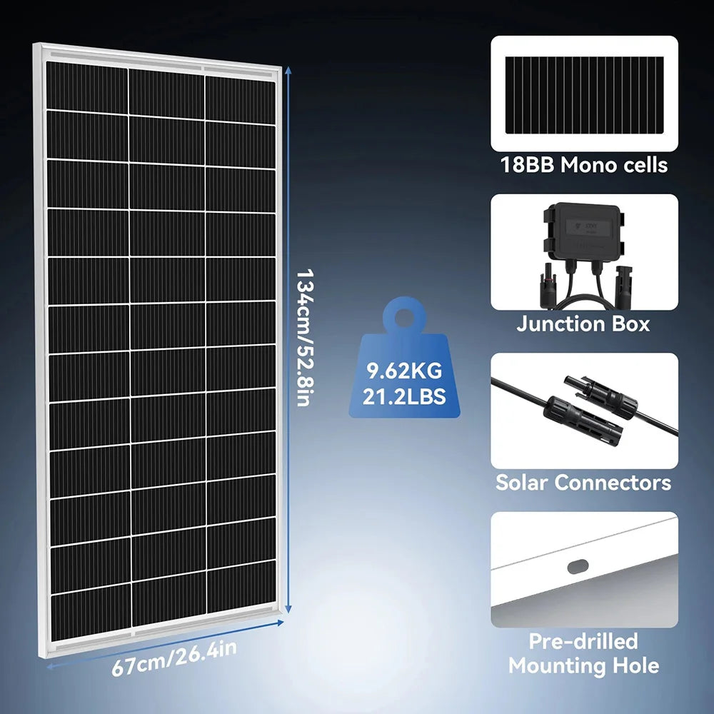 RVPOZWER rigid solar panel, 18BB mono cells, 200W/400W/800W, aluminum frame, junction box, by S And B Enterprise