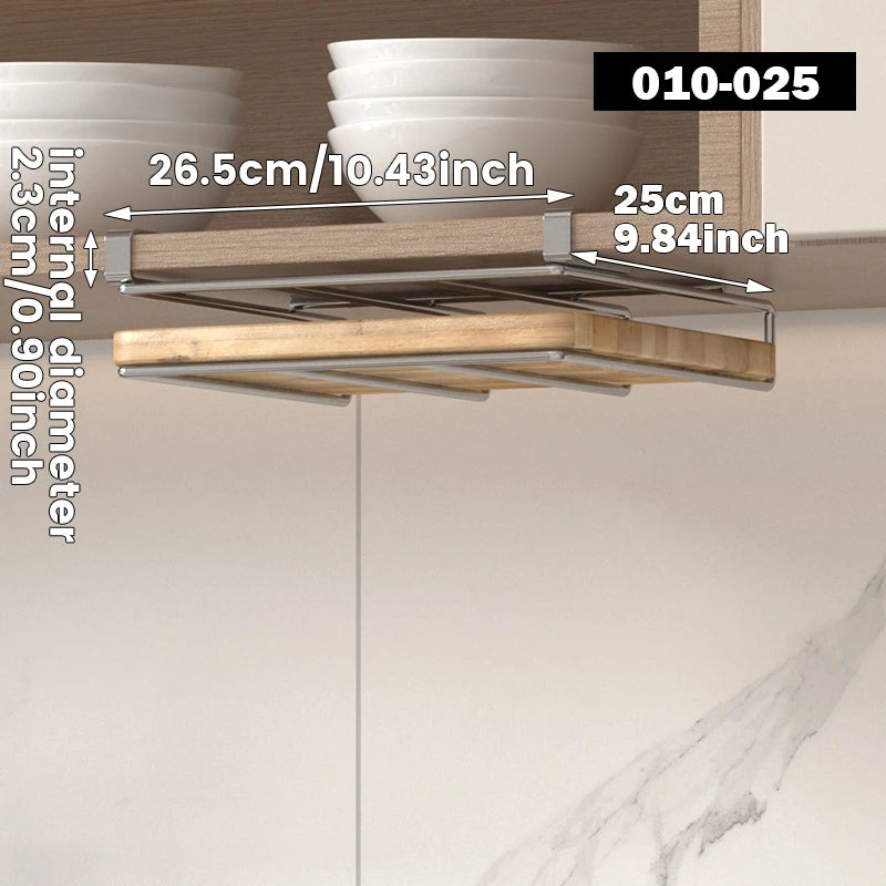 Under-cabinet stainless steel cutting board rack by S And B Enterprise, holds wooden boards.