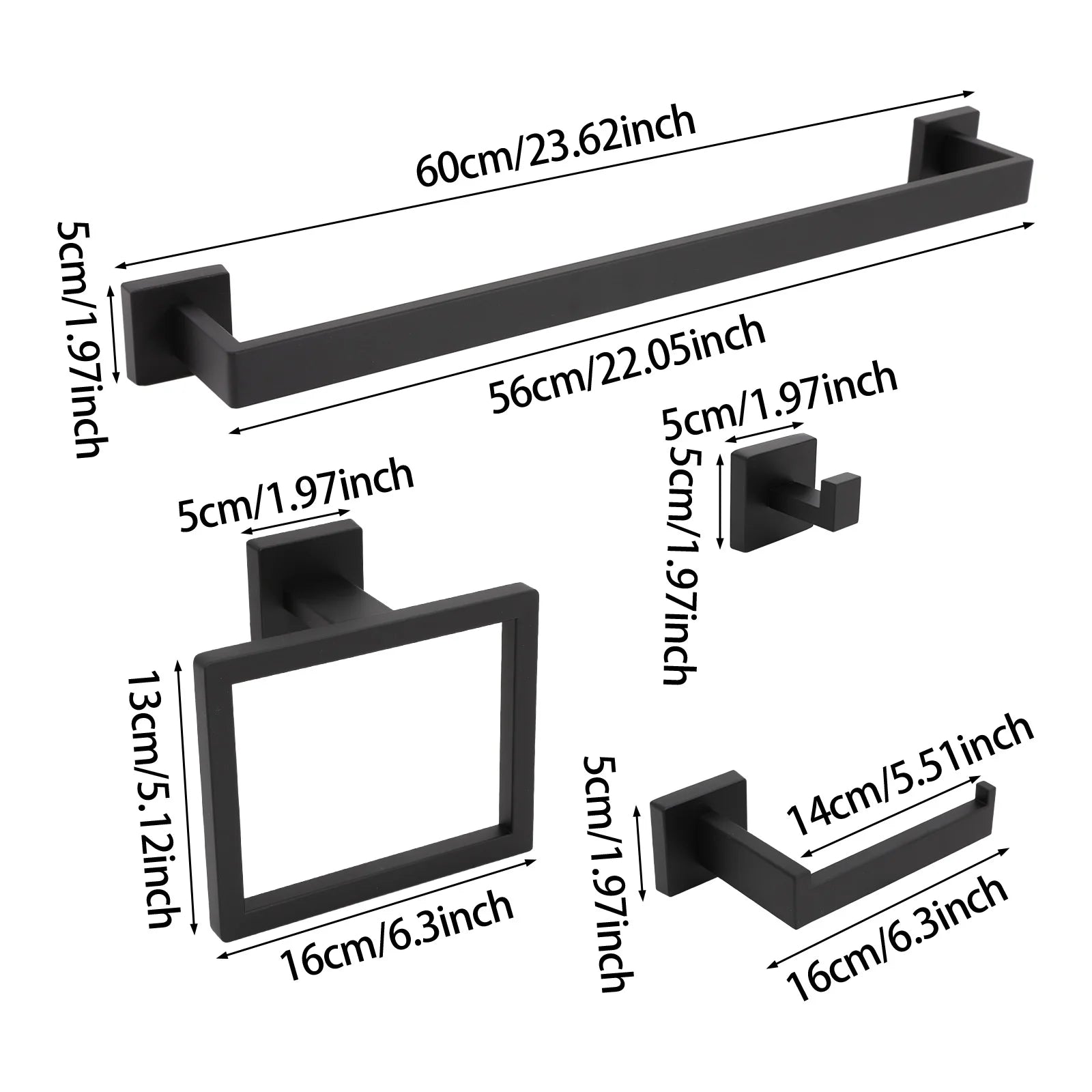 Wall-mounted bath linen hanging kit in matte black anti-rust 201 stainless steel with square end brackets