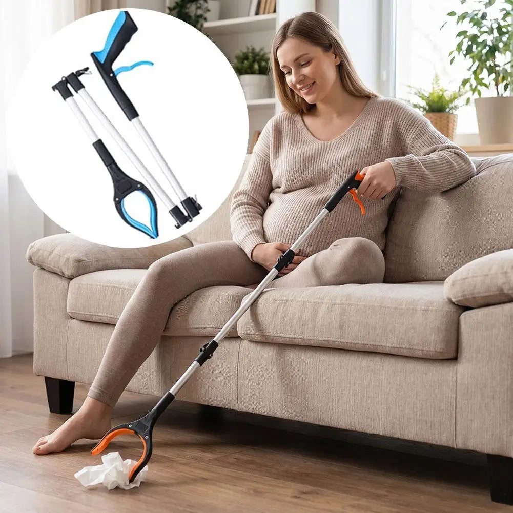 Flexible folding grabber tool with magnetic tip and orange handle, indoor trash picker.
