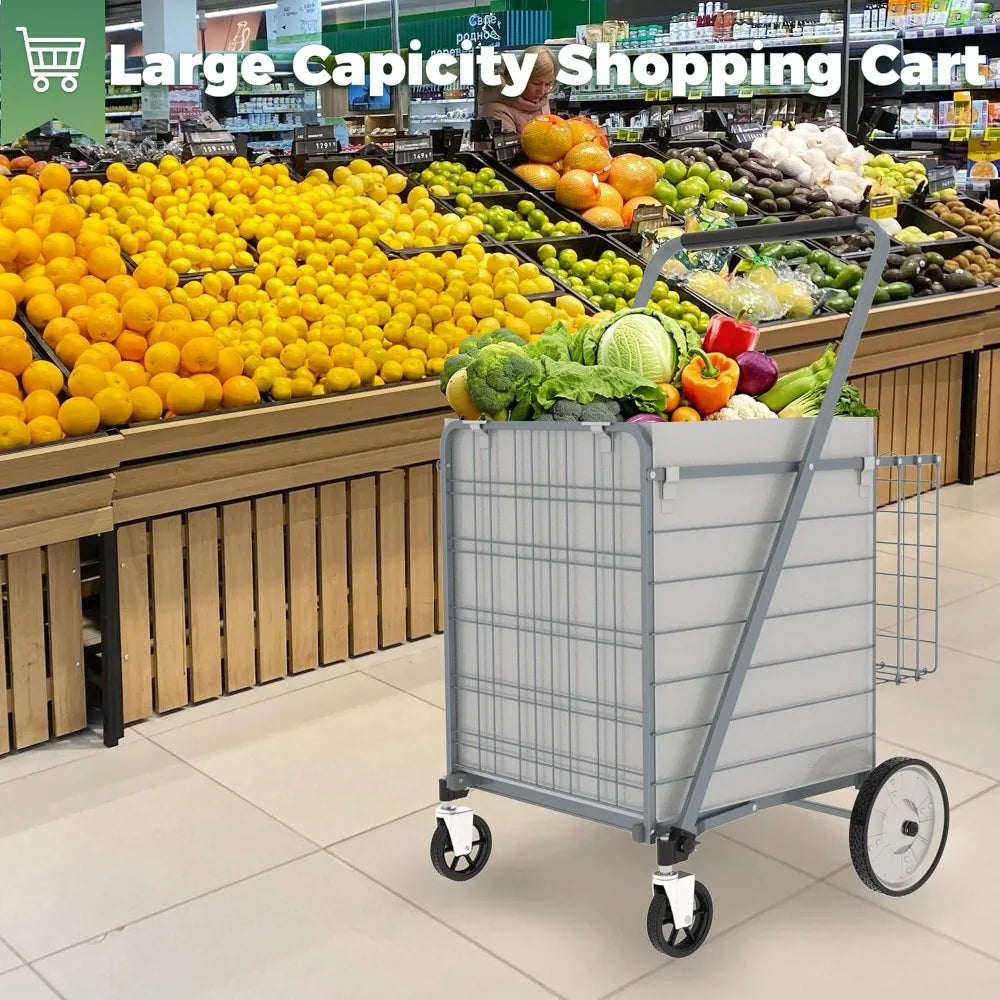 Heavy-Duty Folding Shopping Cart by S And B Enterprise; gray frame with removable bag and 360° wheels.