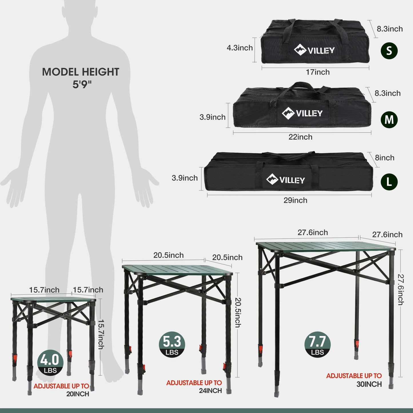 VILLEY Folding Square Camping Table With Carry Bag Adjustable Aluminum
