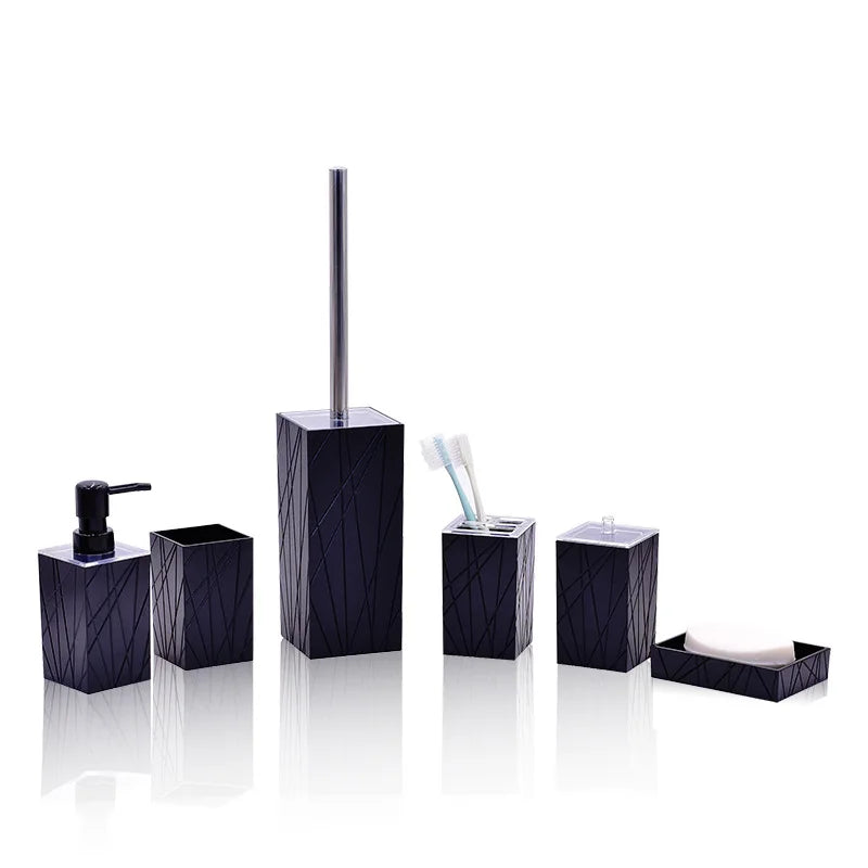 Six-piece navy geometric bathroom set by S And B Enterprise including soap dispenser and toothbrush holder.