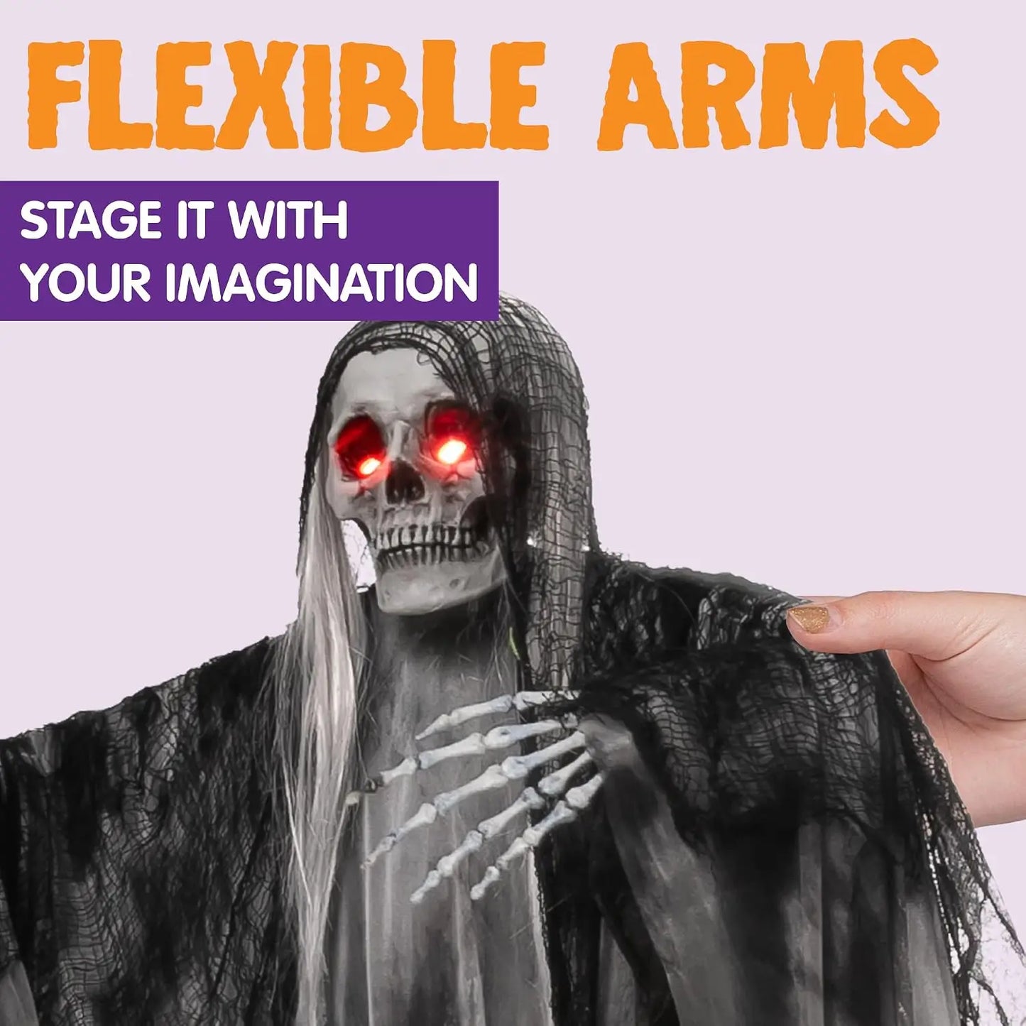 59-inch animated hanging grim reaper decoration with glowing red eyes and black netted cloak