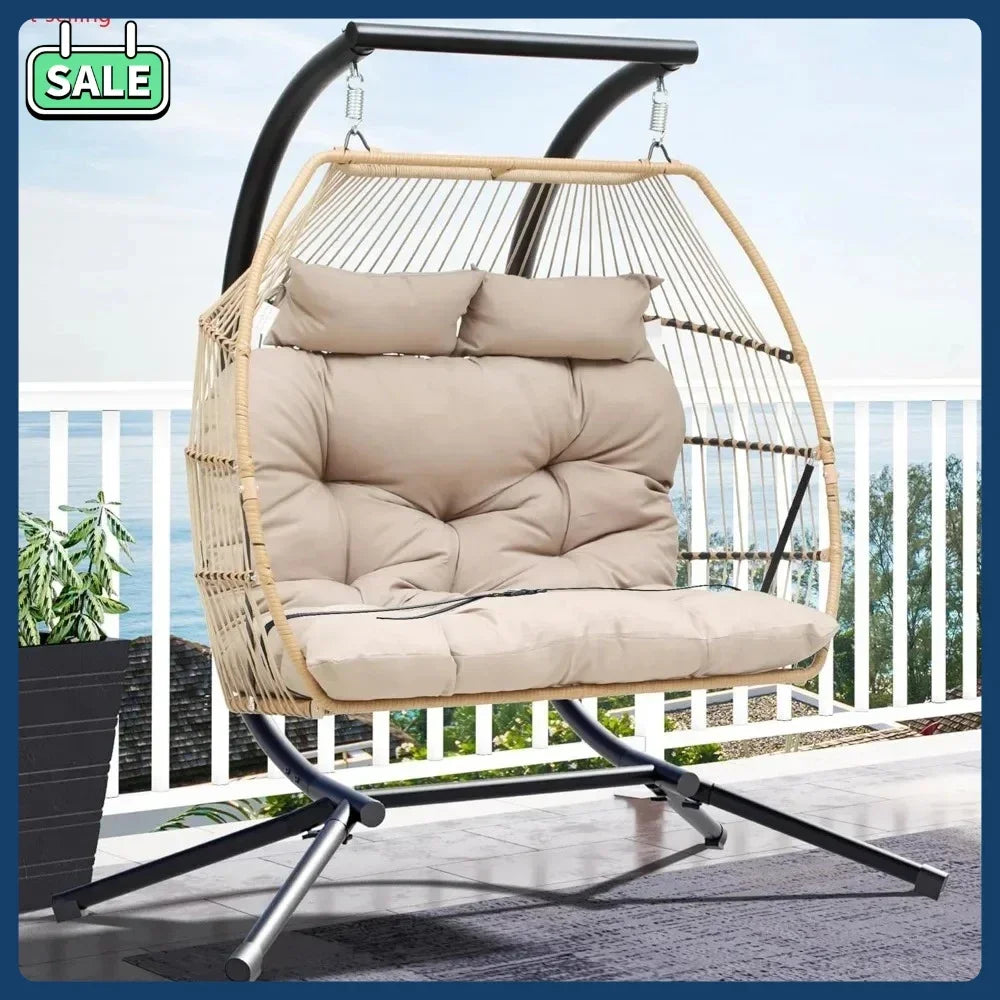 Outdoor Two Person Egg Swing Chair With Stand And Cushions