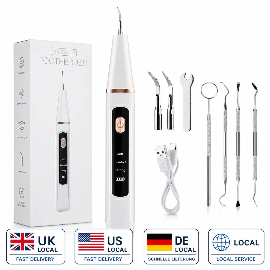 Electric ultrasonic dental scaler by S And B Enterprise; white handheld unit with rose-gold trim, USB charger, tips