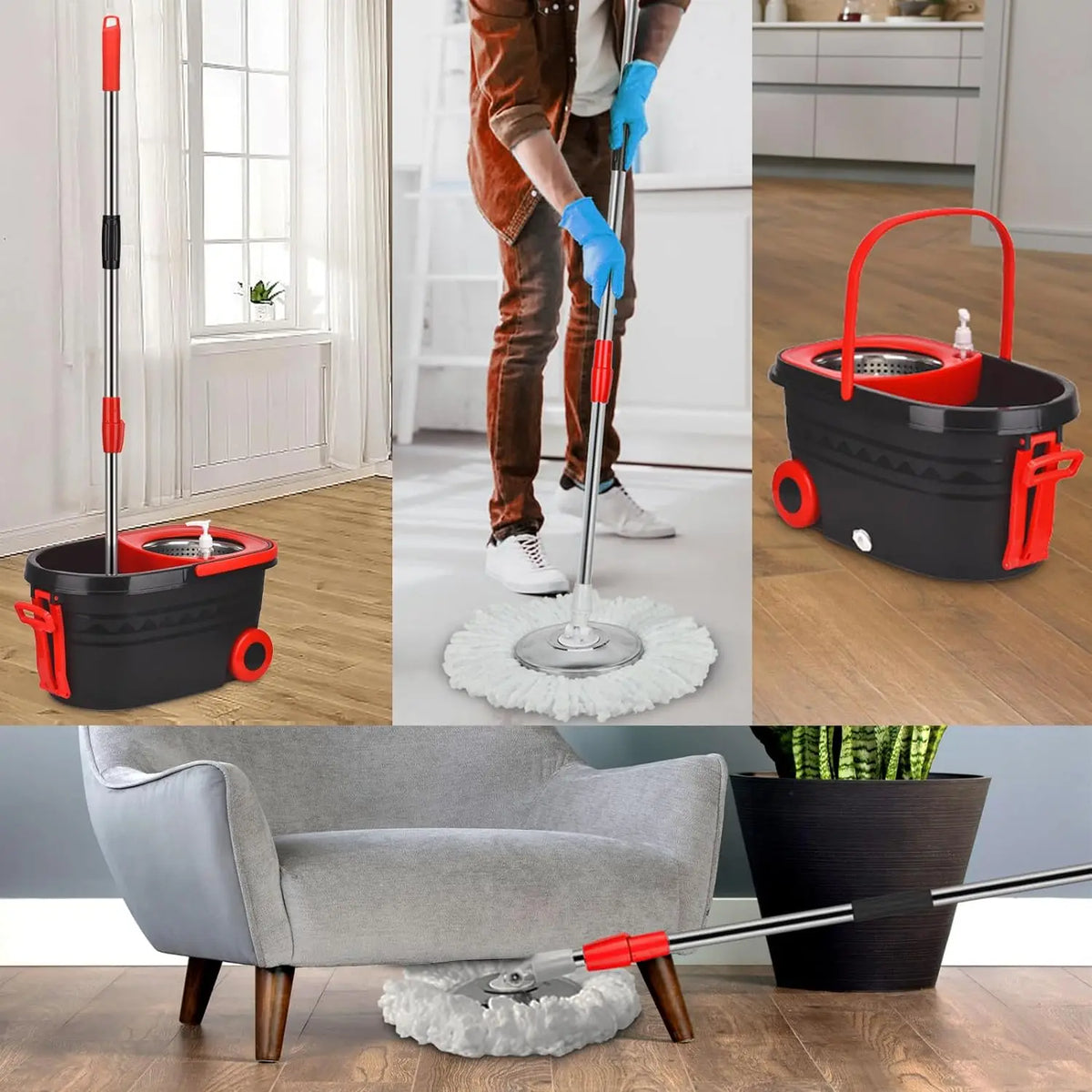 Black Spin Mop Bucket Set with Wringer by S And B Enterprise; wheels, extendable handle, 3 refills