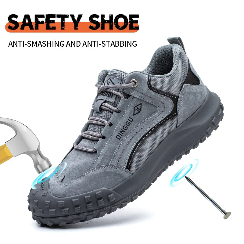 Men's safety work shoe in gray with steel toe, anti-smash, wear-resistant sole by Dinggu.