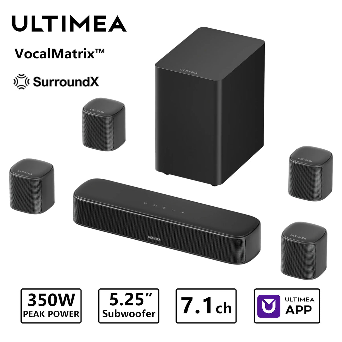 ULTIMEA 7.1ch surround sound system with subwoofer and four satellite speakers, black six-piece set