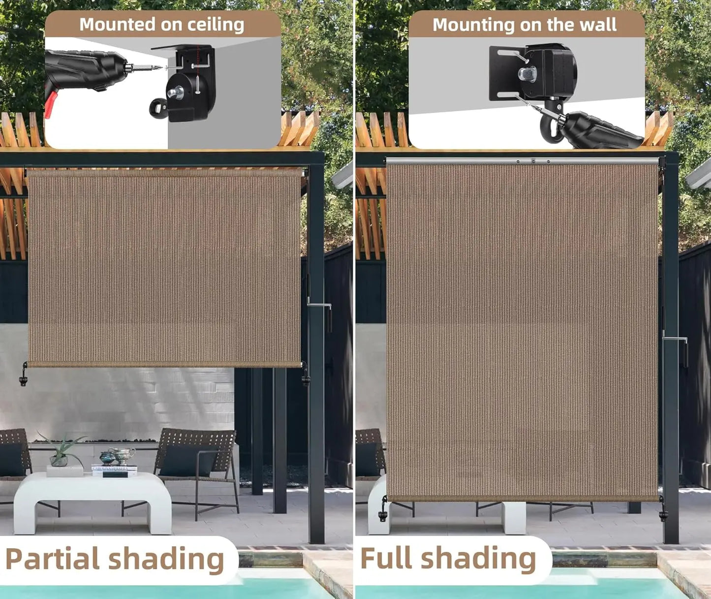 Cordless Outdoor Roller Shade UV Blocking Privacy Screen For Patio