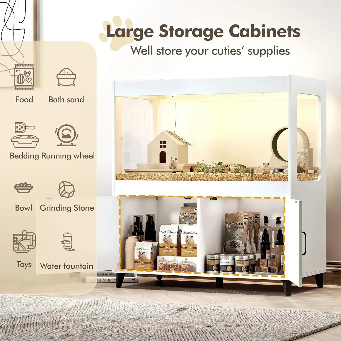 Hamster Cage Cabinet With Storage And LED Lighting