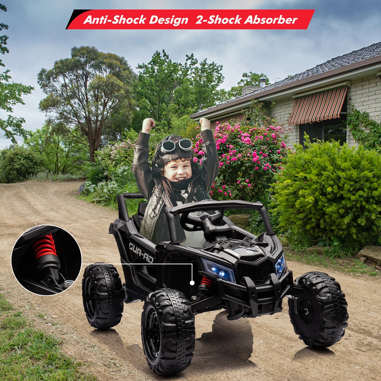 Black 24V kids ride-on UTV, 2-seat off-road toy with dual 200W motors and LED headlights.