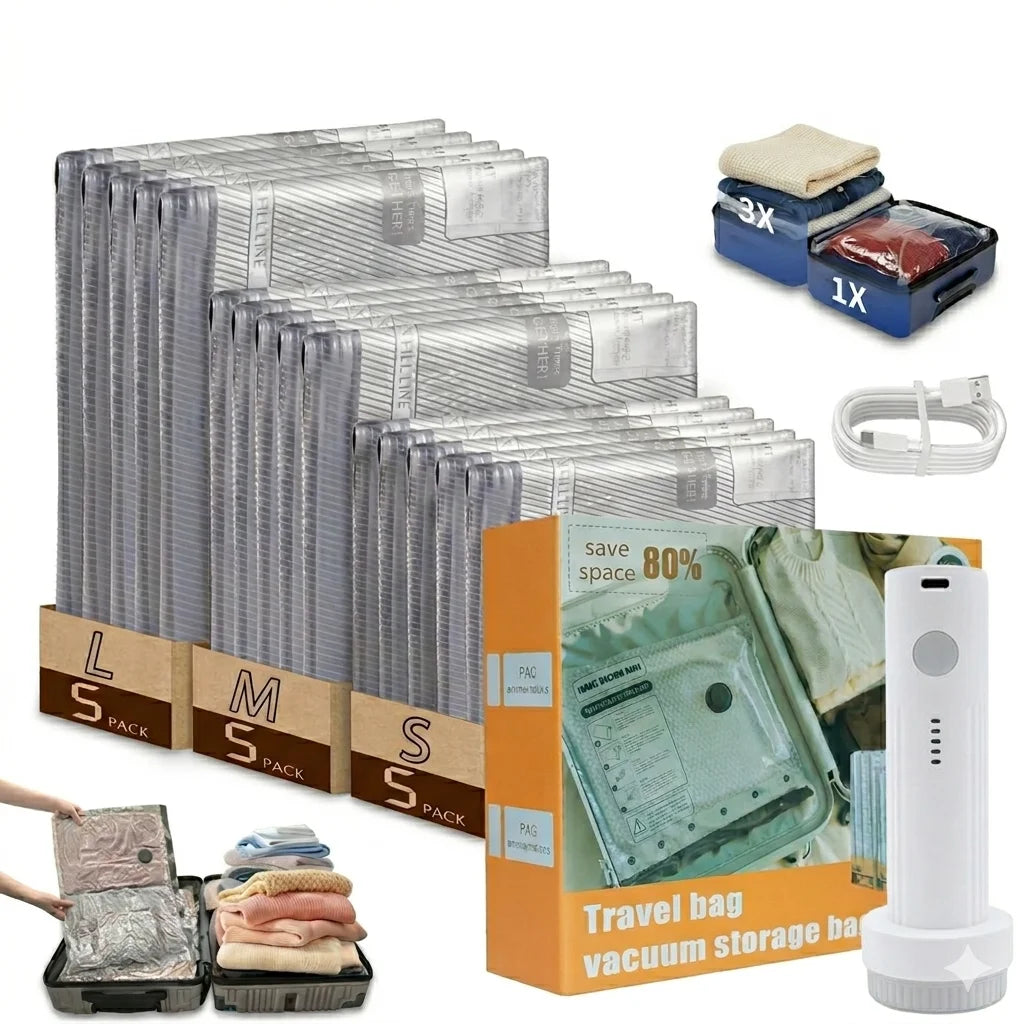Vacuum Storage Bags with Electric Pump, Space-Saving Compression Pouches, Portable Mini Cordless Vacuum Sealer, Ultra-Compact Lightweight Travel Organizer by S And B Enterprise
