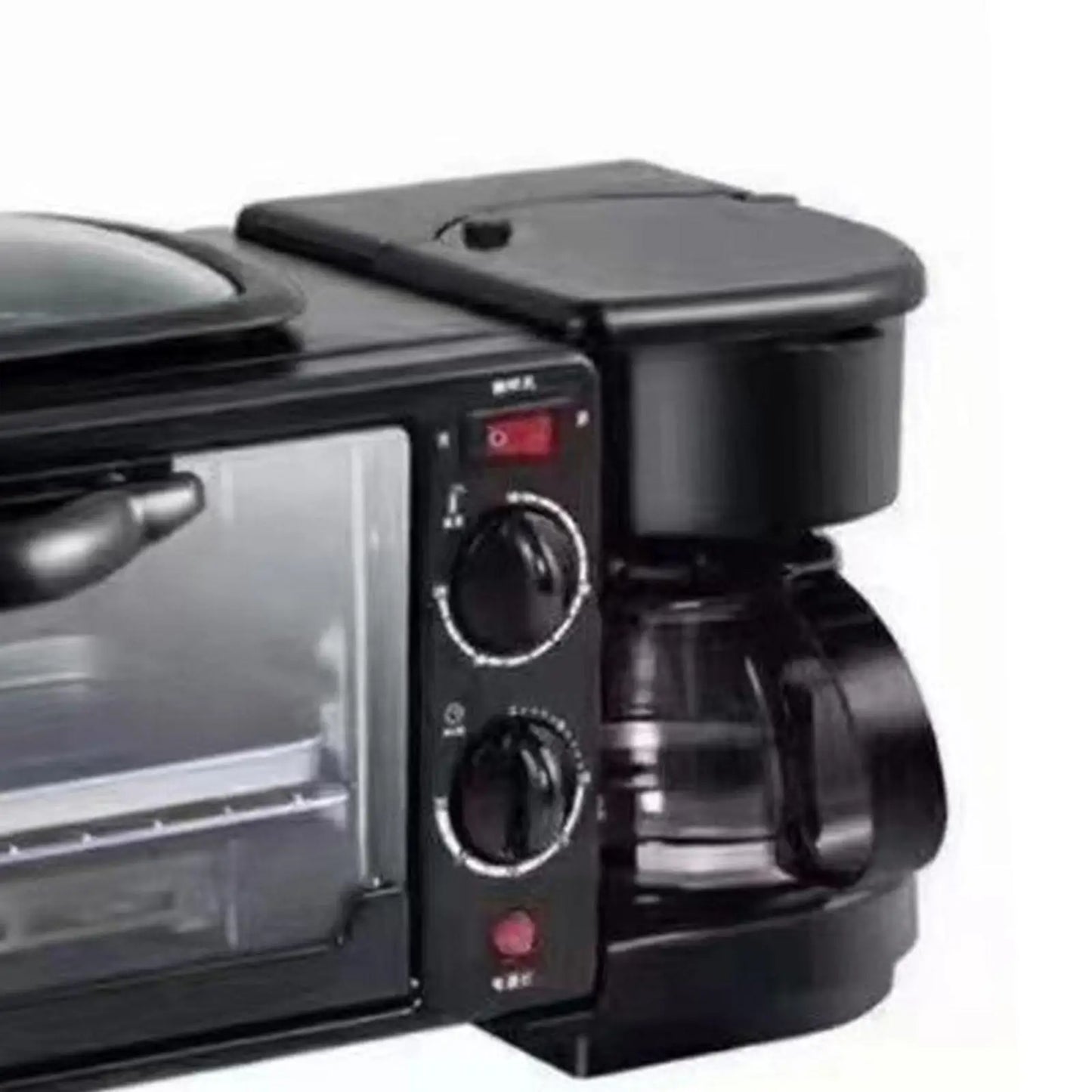 3-in-1 breakfast maker toaster oven with glass lid, black countertop kitchen appliance