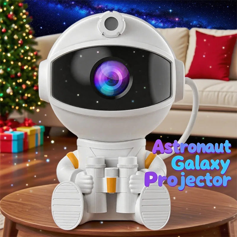 Astronaut projector night light in white with space helmet, projects galaxy stars, desktop decoration.