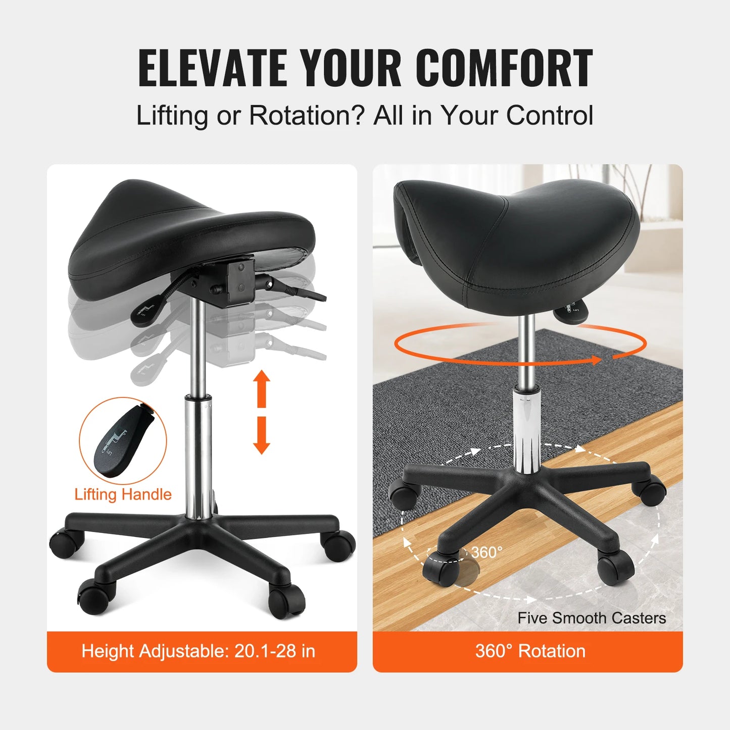SucceBuy ergonomic saddle stool with black seat and five swivel casters; height adjustable 20.1-28 in