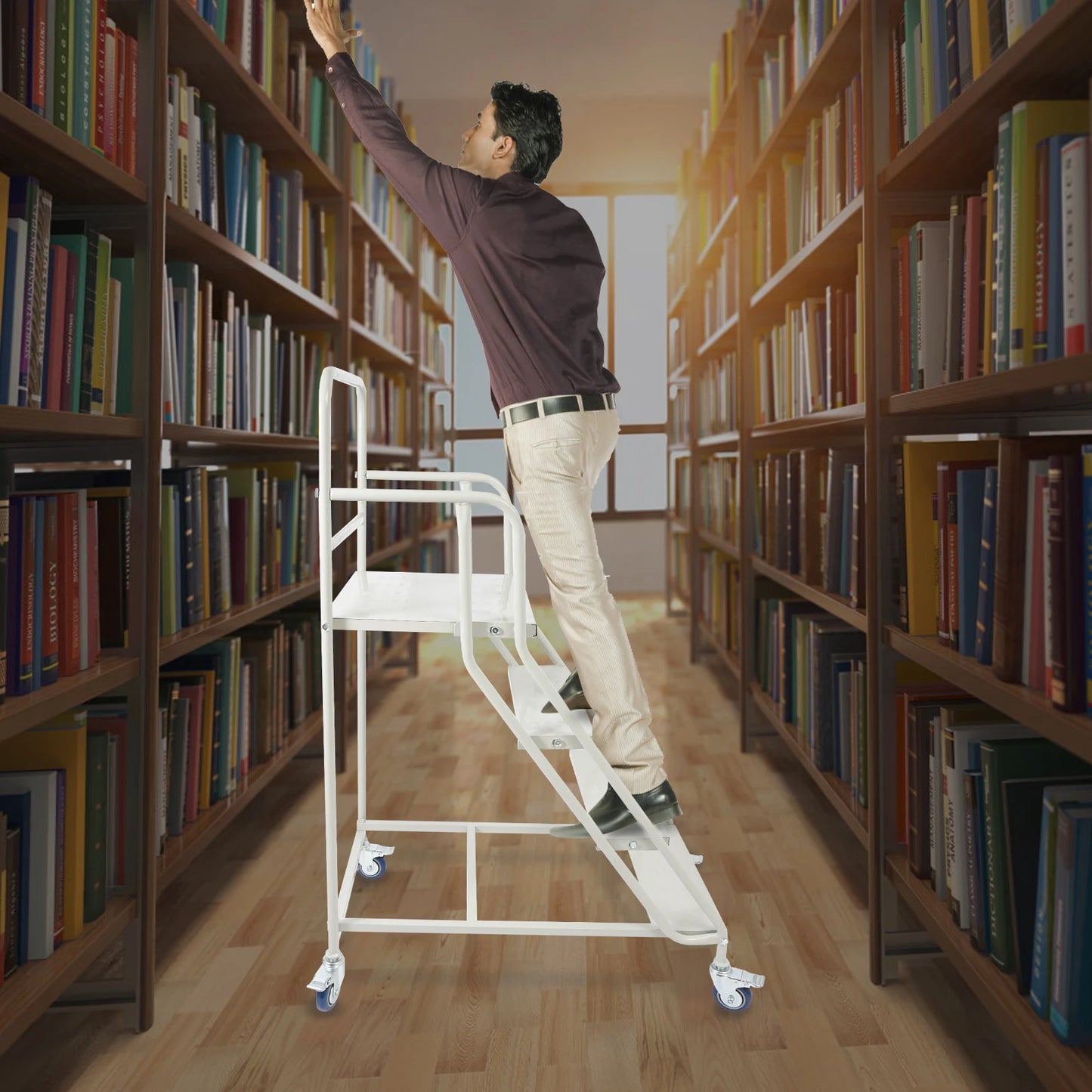 Heavy-Duty 4-Step Stair, High Load-Bearing Warehouse Ladder, Anti-Slip Mobile Step Ladder with Brake Wheel, Cold-Rolled Steel Elevation Platform with Guardrail for Warehouse Supermarket Home by S And B Enterprise