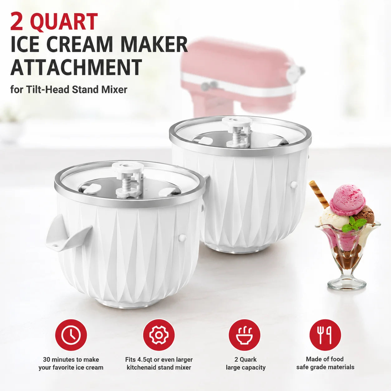 Ice Cream Maker Attachment for KitchenAid Stand Mixer 2 Qt Capacity Compatible with 4.5 Qt Frozen Yogurt Ice Cream Maker