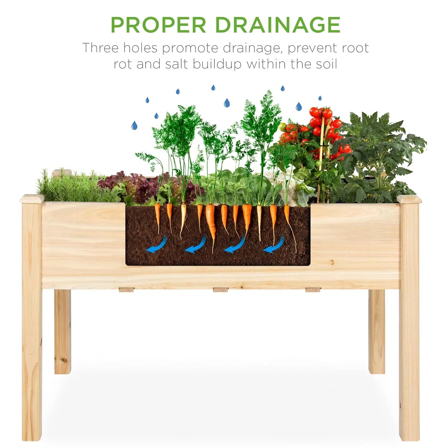 Elevated wooden planter box with bed liner in natural wood finish; 48x24x30 inches