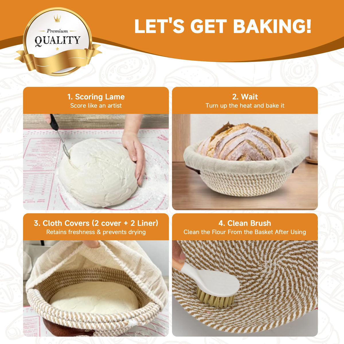 Beige 17-piece bread proofing basket set with round 9-inch and oval 10-inch bannetons, dough inside.