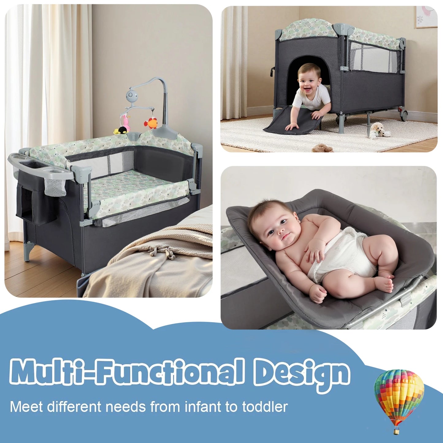 Pack n Play,Playard Bassinet with Changing Table Lockable Wheels Music Box Pack and Play Foldable Playard for Infant to Toddler by S And B Enterprise
