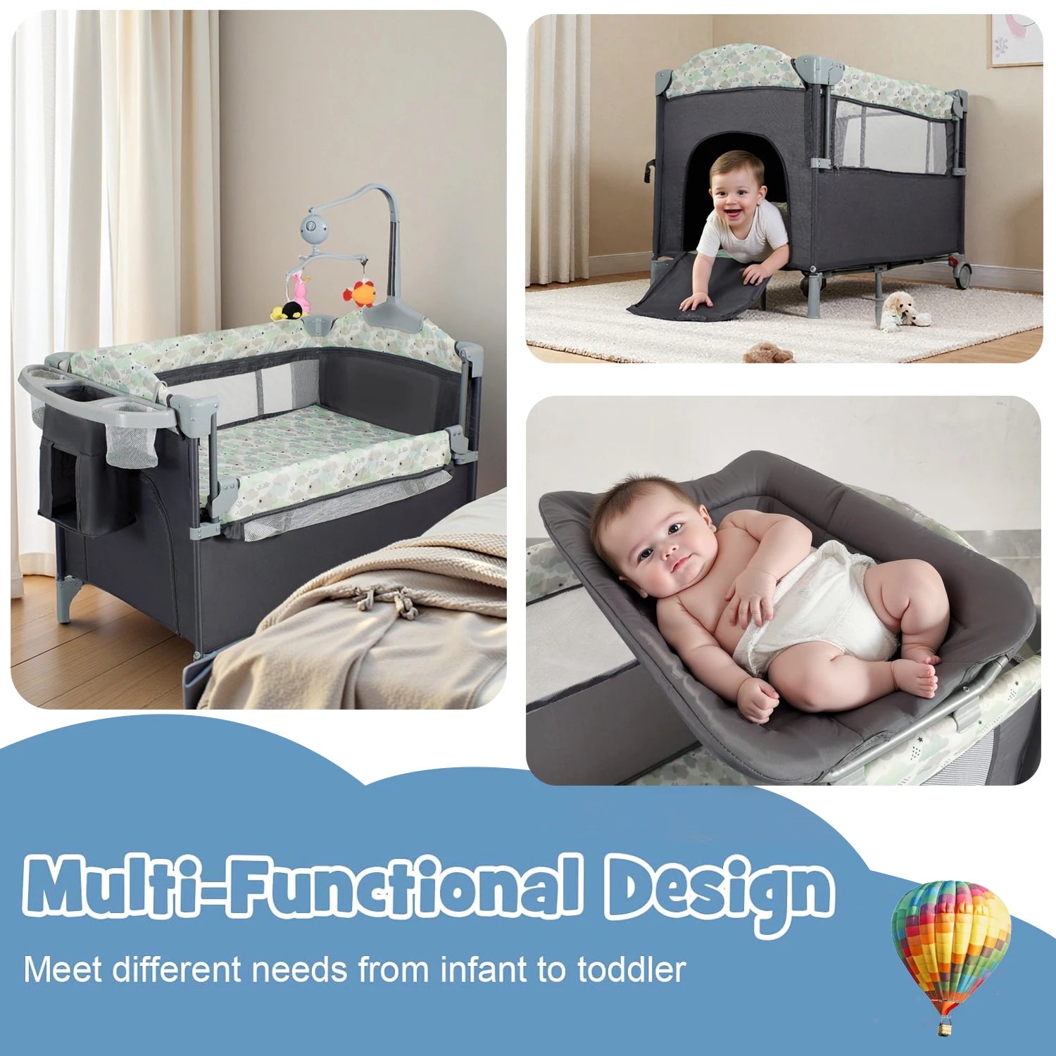 Pack n Play,Playard Bassinet with Changing Table Lockable Wheels Music Box Pack and Play Foldable Playard for Infant to Toddler by S And B Enterprise