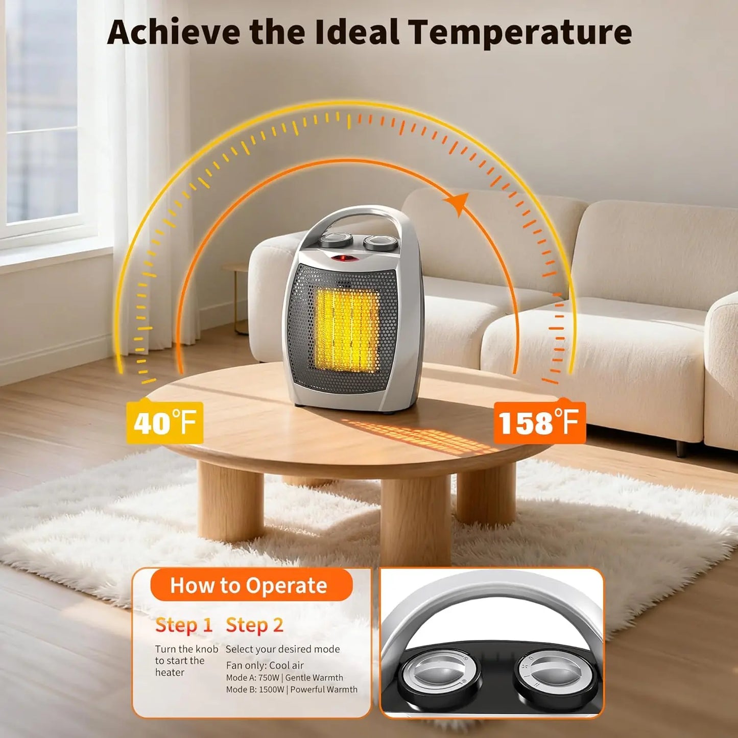 Acekool Portable Ceramic Heater and Fan With Thermostat