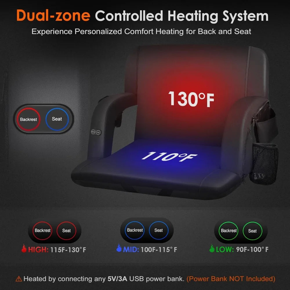 Dual-Sided Heated Stadium Seat With Back Support 3 Heat Levels