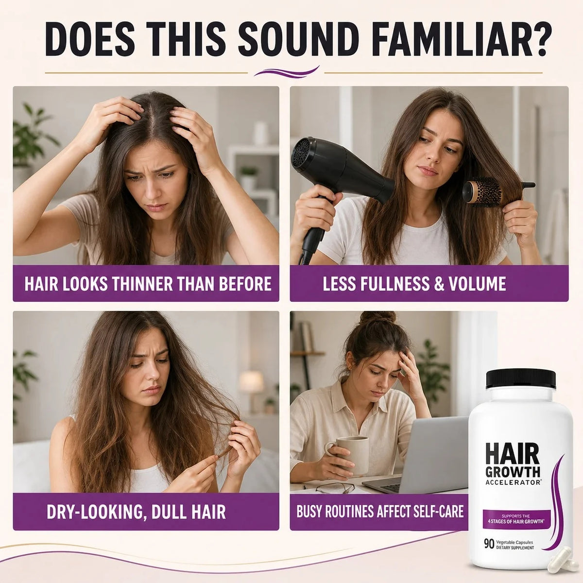 Hair Growth Accelerator bottle by S And B Enterprise; collage shows four hair concerns and a white bottle with black cap