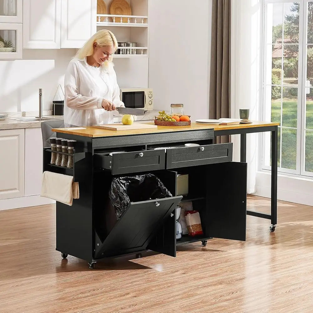 Expandable Kitchen Island With Extendable Dining Table And Storage
