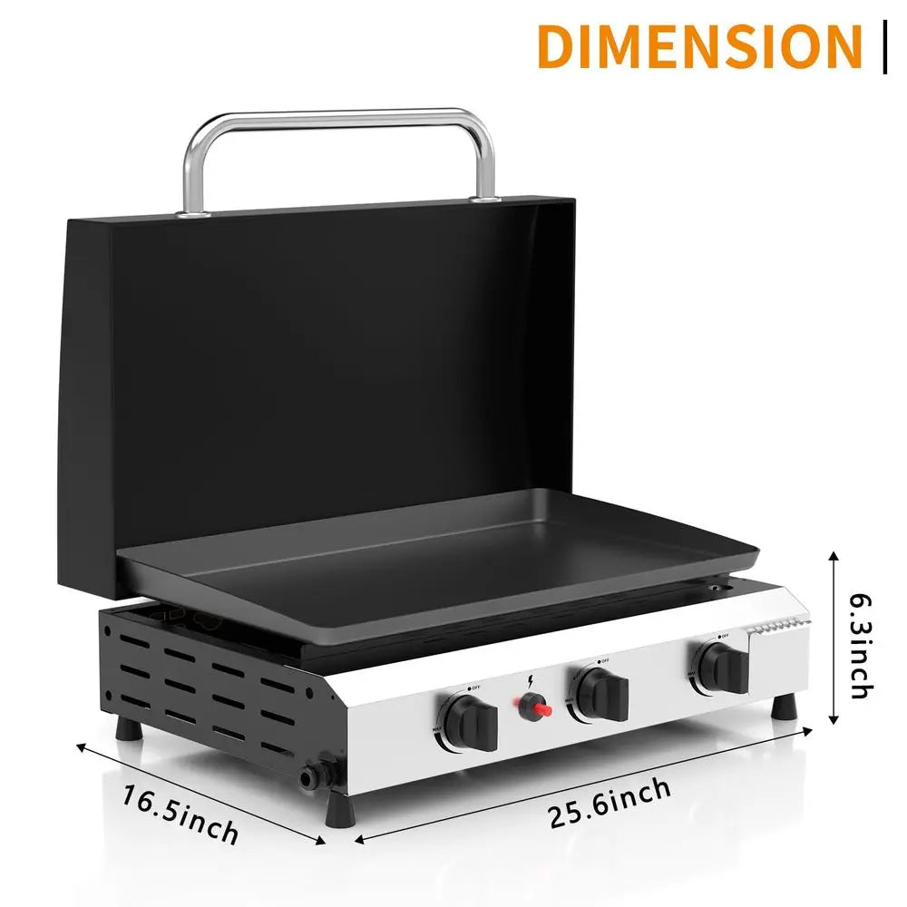 Burner BBQ Gas Griddle with Hood, 25.6 Inch Stainless Steel Portable Detachable Propane Griddle, 45,000 BTU Flat Top Grill with by S And B Enterprise