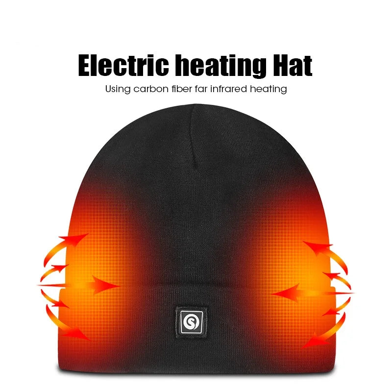 Snow Deer heated hat; black knit beanie with rechargeable infrared heating, S And B Enterprise logo.