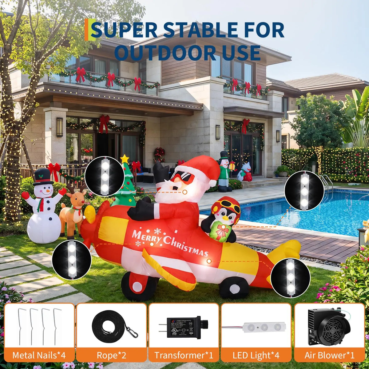 Christmas inflatable Santa driving penguin airplane, 8ft outdoor yard decoration with LED lights