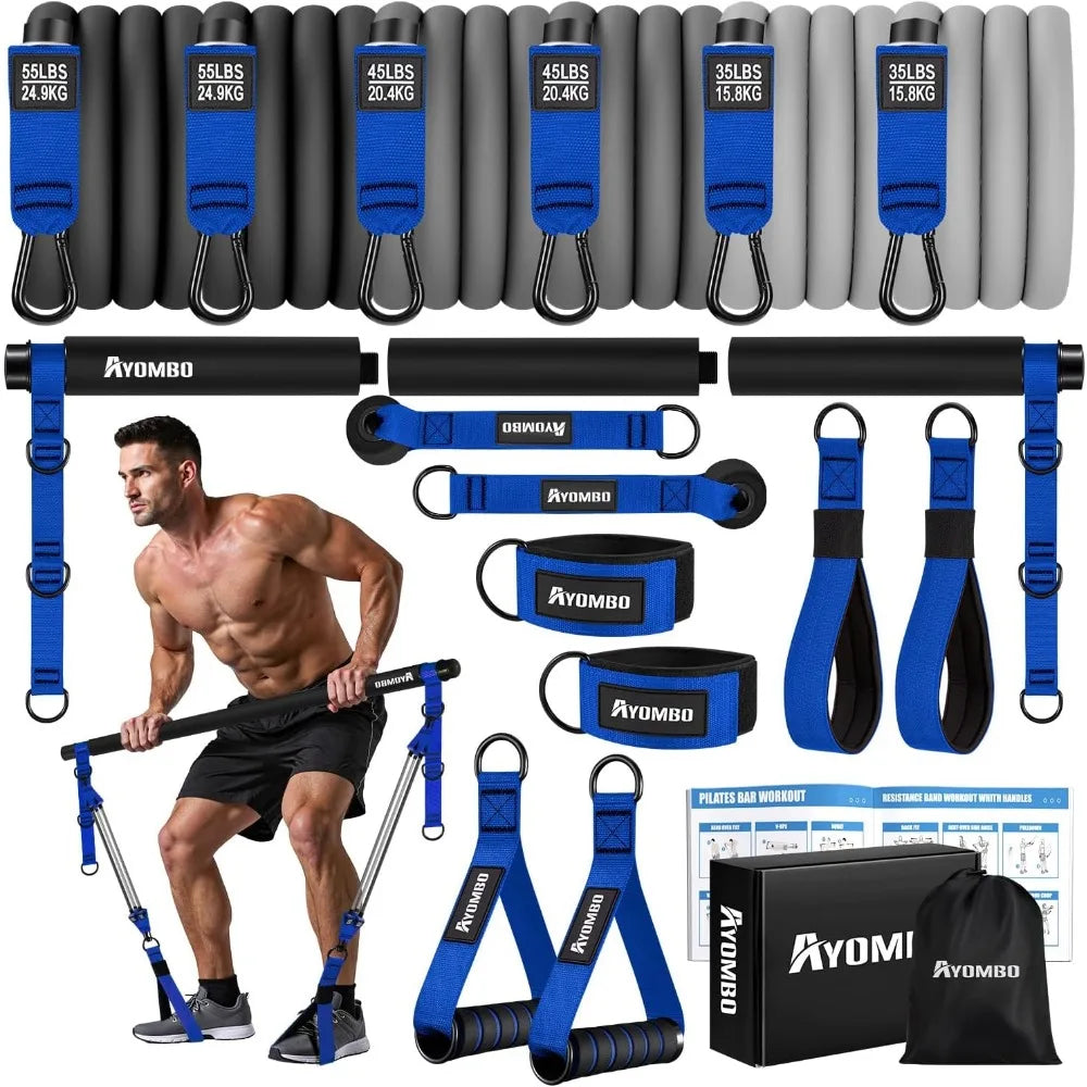 Ayombo portable heavy-duty Pilates bar kit with blue resistance bands, handles, ankle straps, anchor for home workouts