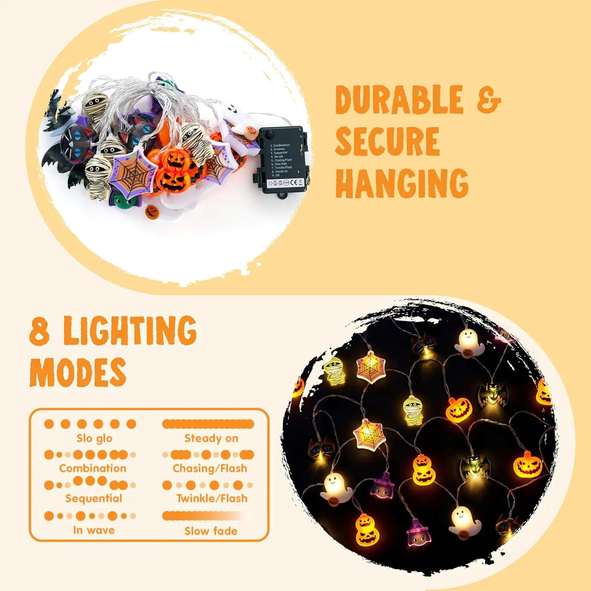 S And B Enterprise 19.7ft Halloween string lights with ghost & pumpkin 3D designs, battery powered, 8 lighting modes