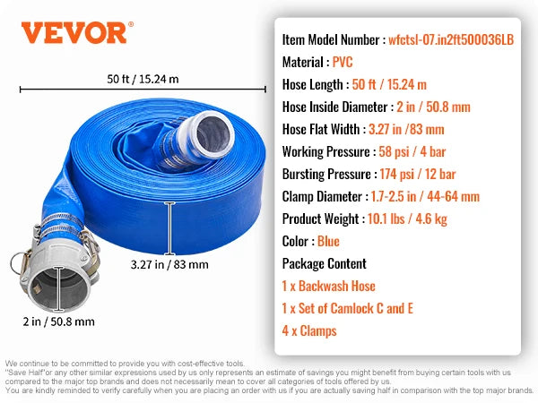 SucceBuy pool drain hose, blue PVC 2 in x 50 ft with aluminum camlock C & E connectors and clamps - VEVOR