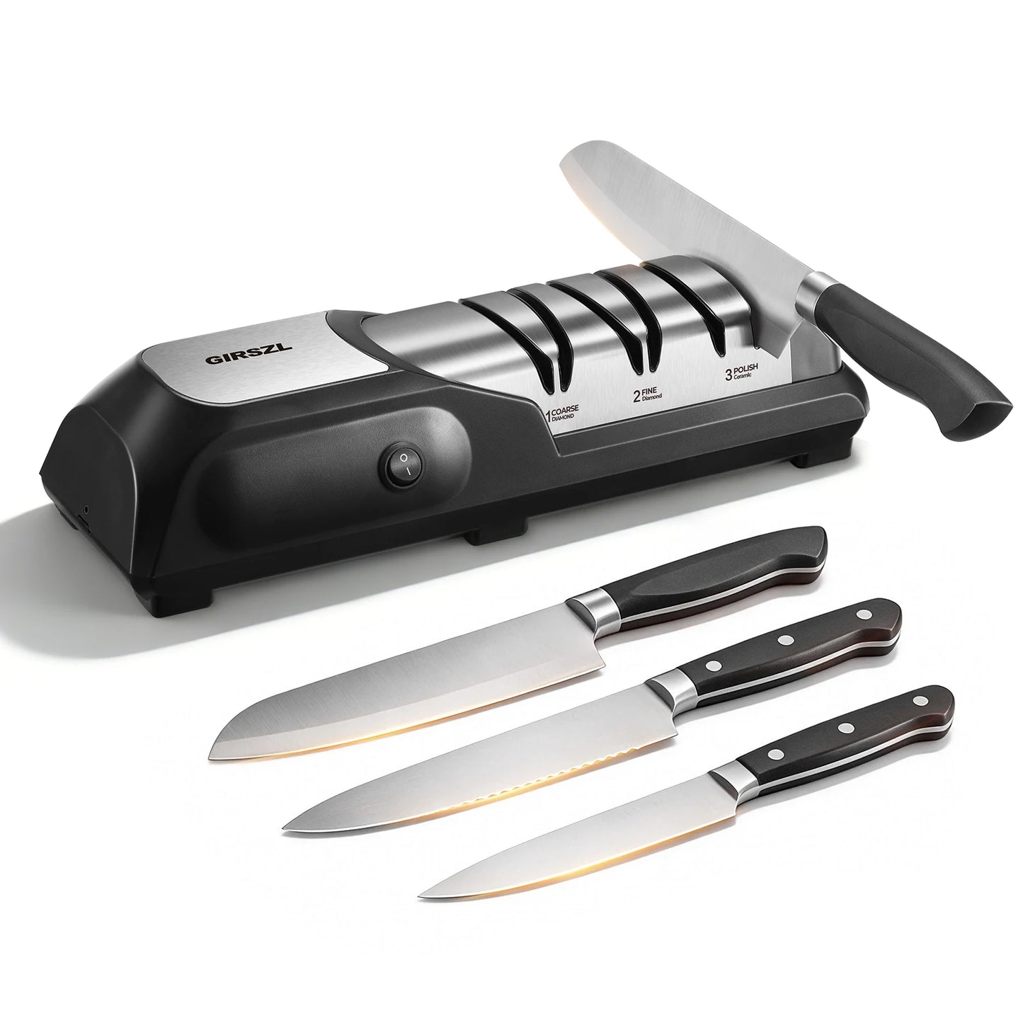 One Touch Electric Knife Sharpener by GIRSZL; 3-stage diamond/ceramic sharpening on a black base