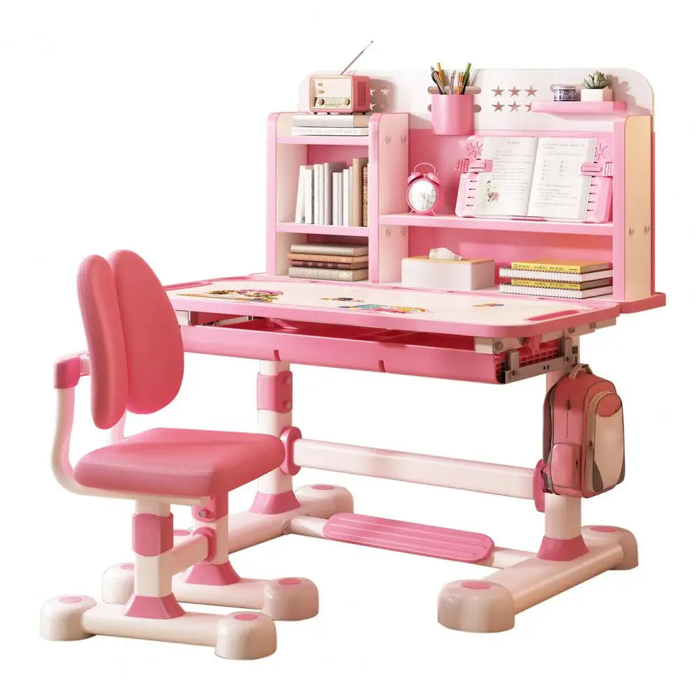Pink kids study desk and chair set with book stand and adjustable height (2-piece set)