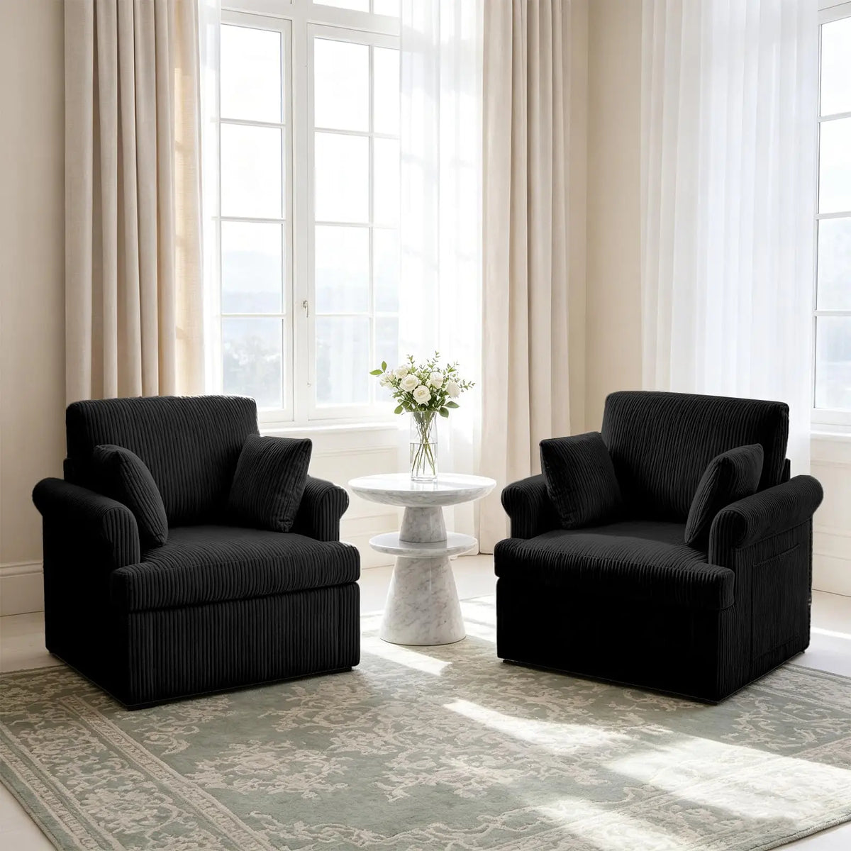 Corduroy barrel armchairs, 2-pack, black with plush cushions