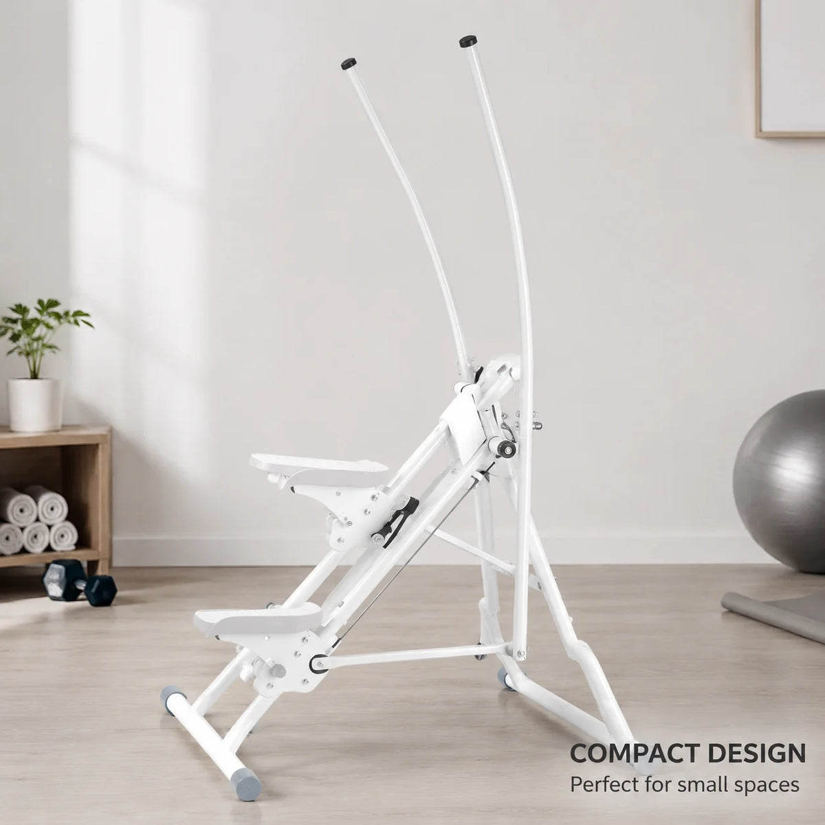 White stair stepper vertical climber with adjustable pedals, compact space-saving cardio equipment for home gym.