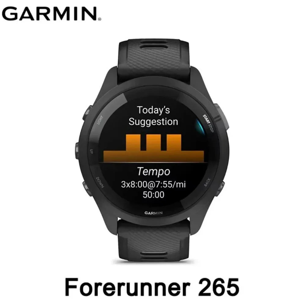 Garmin Forerunner 265 GPS running smartwatch in black with digital display